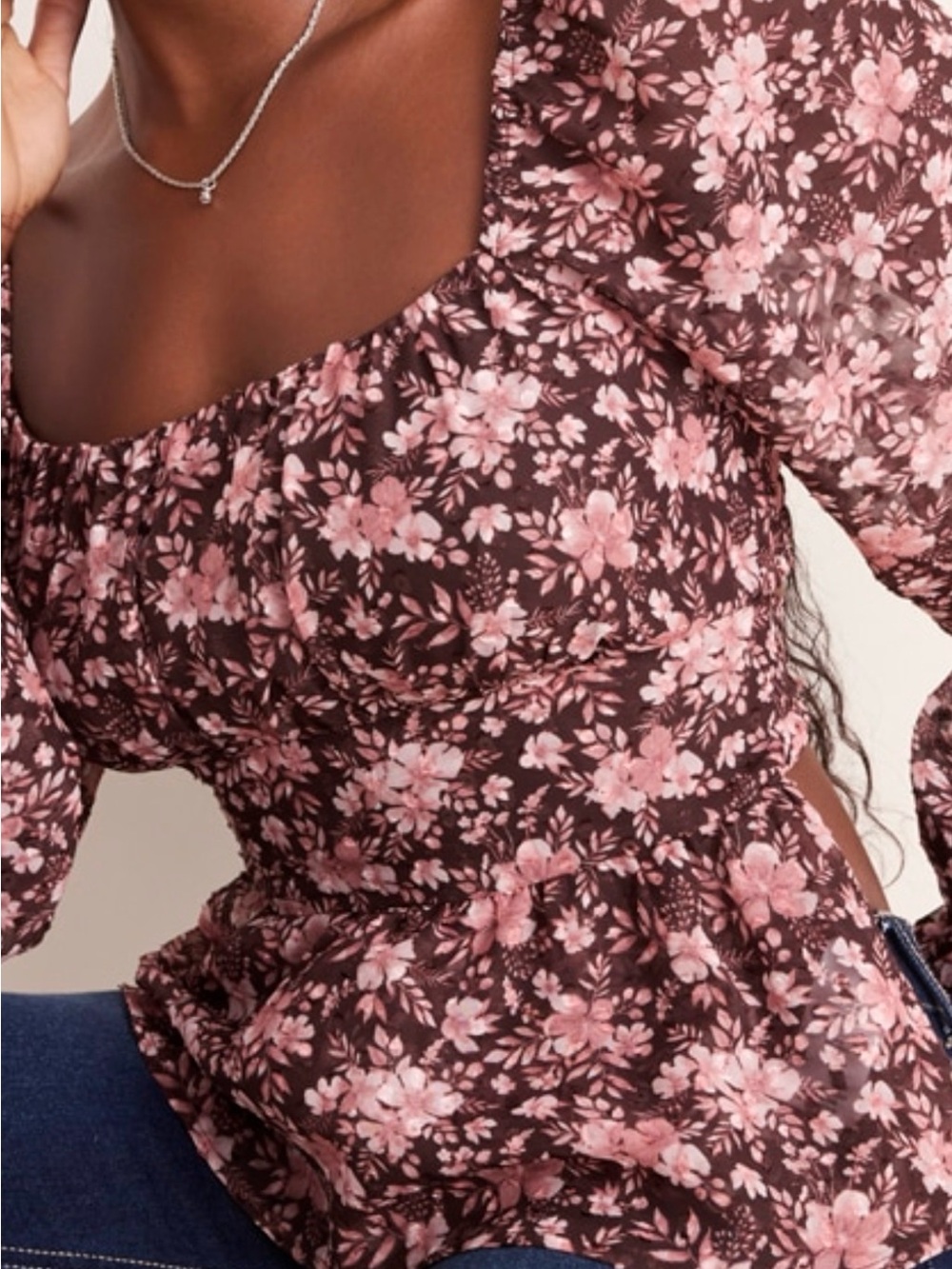 Francesca's Collections Pink and Brown Floral Square-Neck Peplum Blouse
